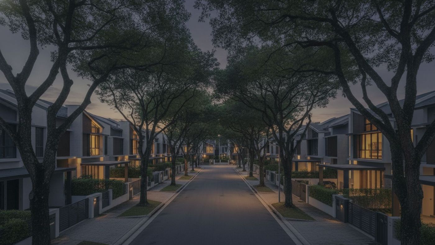 District 11 landed residential street at dusk