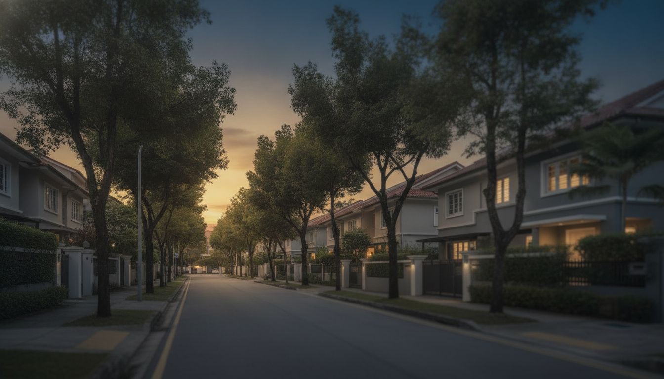 Wide street view of District 11 landed homes at dusk
